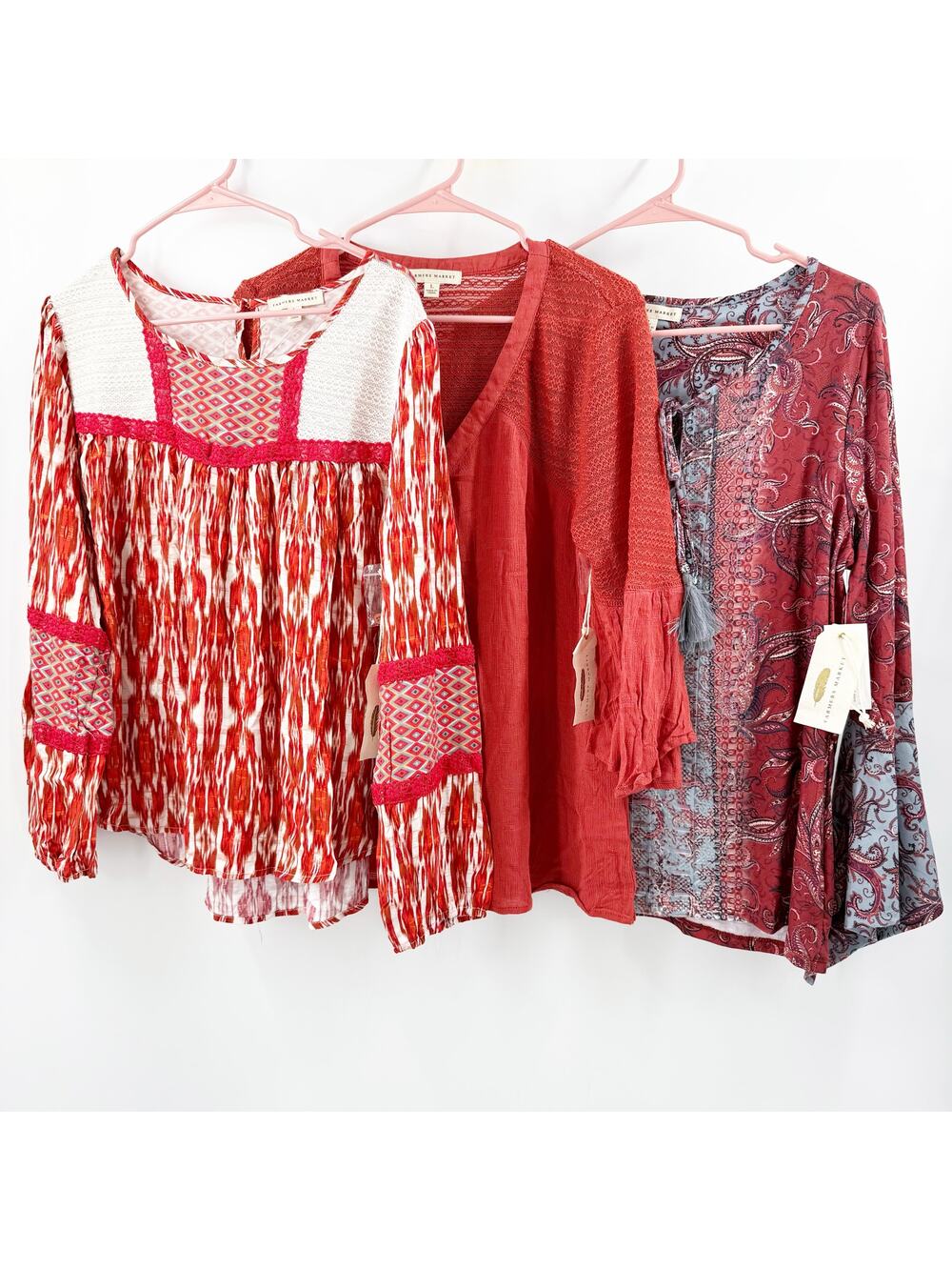Farmers Market Tops x3 Size Large NWT Boho Bohemian Bundle Lot Peasant Casual
